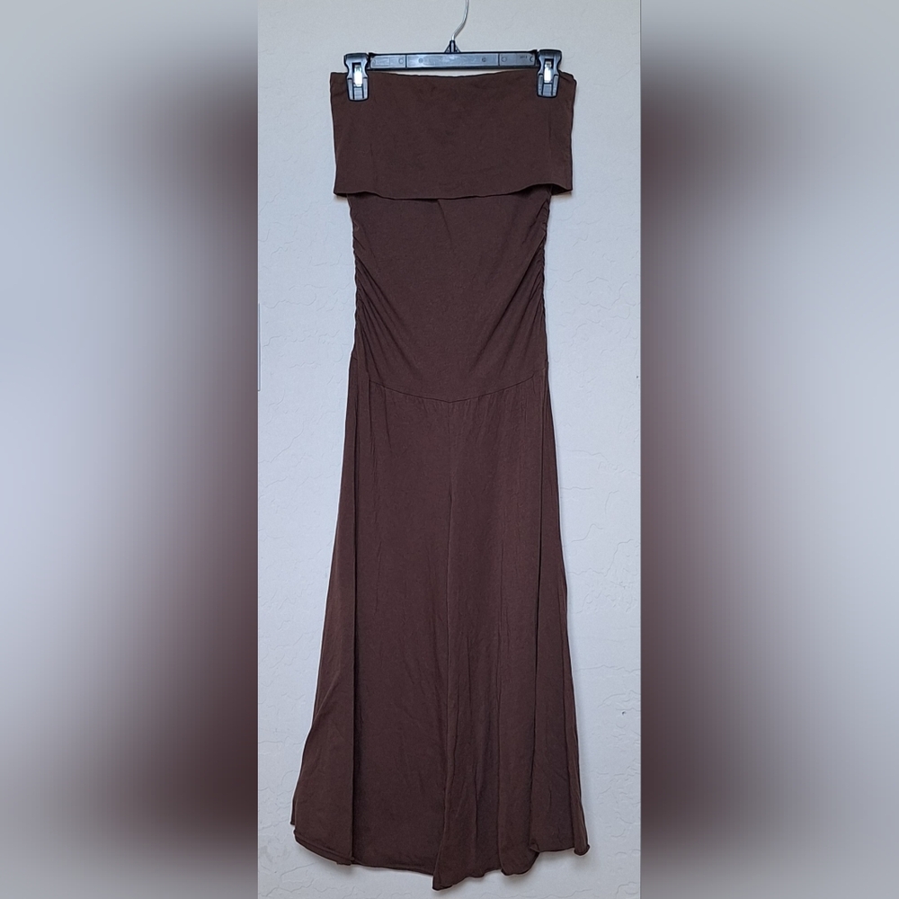 GUESS Y2K Wide Leg Crop Jumpsuit Bardot Drop Waist Brown Cotton Jersey Boho XS - Picture 4 of 10